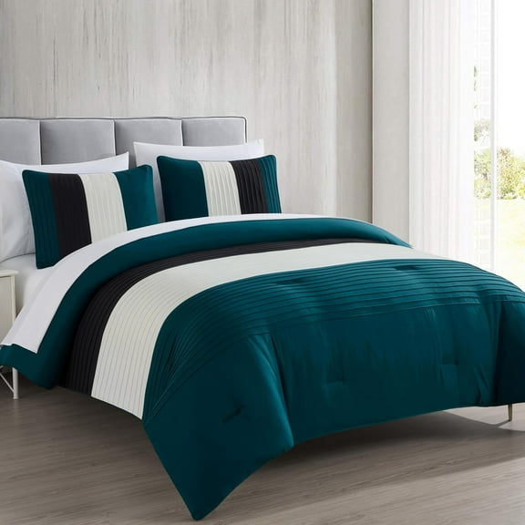 Chezmoi Collection Briar 7-Piece Full Bed in a Bag Comforter Set with Sheets - Lightweight Comforter Teal Black White Luxury Pleated Stripe Bedding Set for All Season
