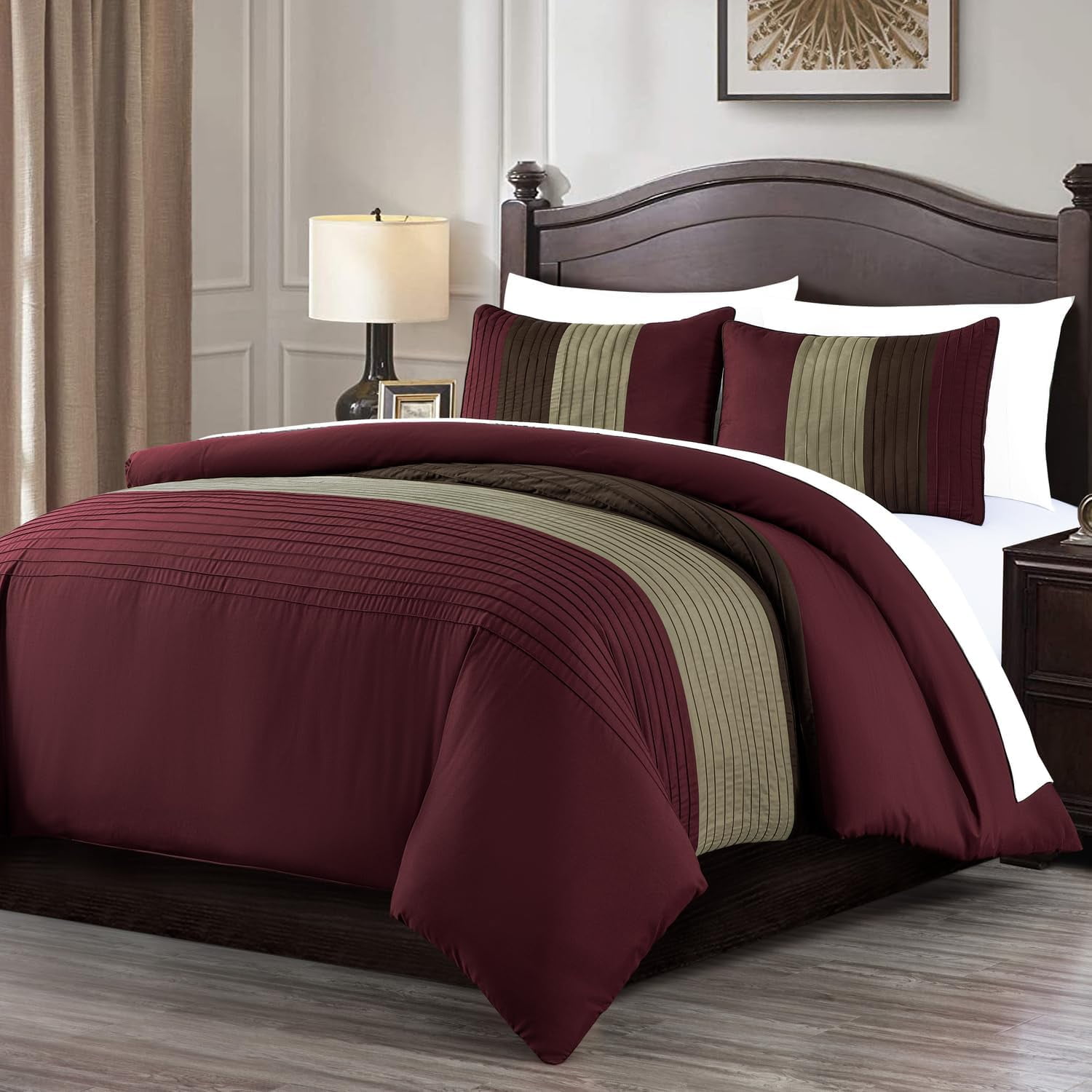 Chezmoi Collection Briar 7-Piece King Bed in a Bag Comforter Set with Sheets - Lightweight Comforter Burgundy Coffee Brown Luxury Pleated Stripe Bedding Set for All Season