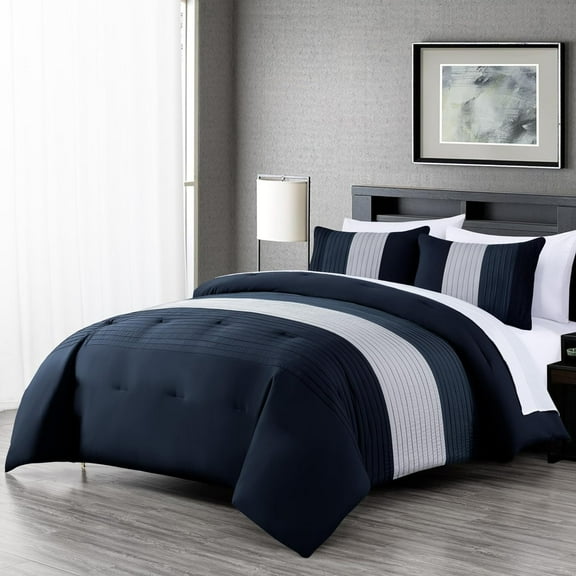 Chezmoi Collection Briar 7-Piece King Bed in a Bag Comforter Set with Sheets - Lightweight Comforter Navy Blue Gray Luxury Pleated Stripe Bedding Set for All Season