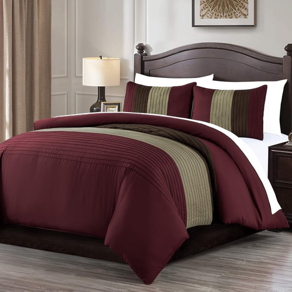 Chezmoi Collection Briar 7-Piece Queen Bed in a Bag Comforter Set with Sheets - Lightweight Comforter Burgundy Coffee Brown Luxury Pleated Stripe Bedding Set for All Season