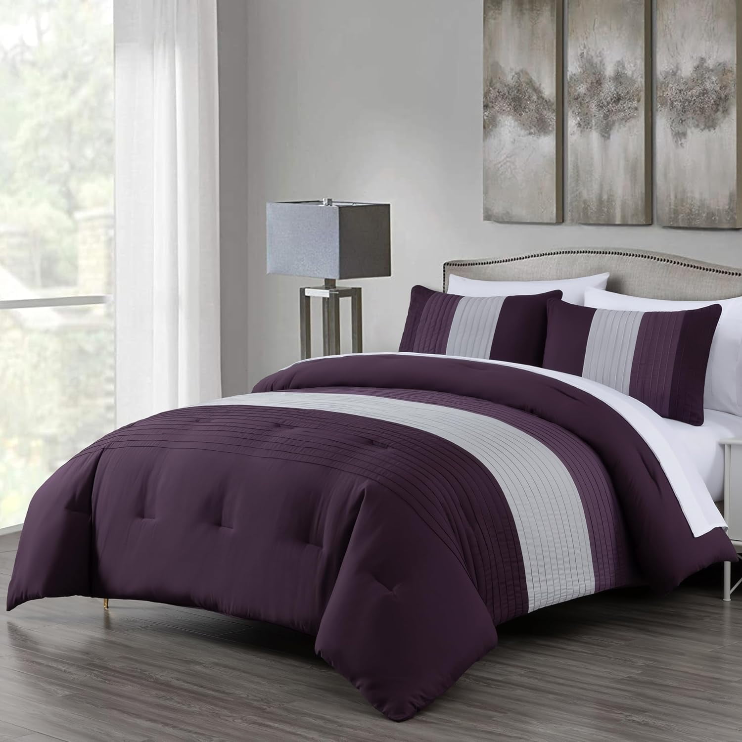 Queen Purple and Gray Microfiber Bed in a Bag Comforter Set
