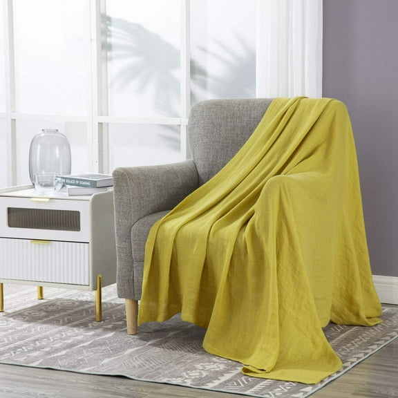 Chezmoi Collection Brussels 100% Belgian Flax Linen Throw Blanket for Couch, Bed, Super Soft Lightweight Cozy Breathable Pre-Washed Reversible Throw Blanket, Lemon Ice, 50" x 70"