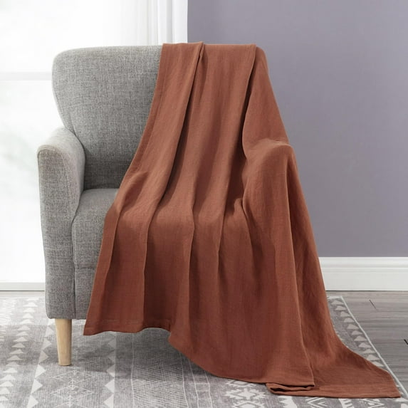 Chezmoi Collection Brussels 100% Belgian Flax Linen Throw Blanket for Couch, Bed, Super Soft Lightweight Cozy Breathable Pre-Washed Reversible Throw Blanket, Sedona Red, 50" x 70"