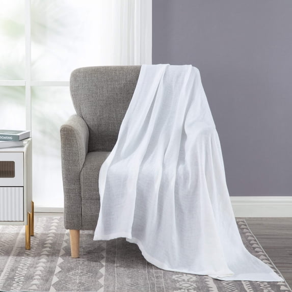 Chezmoi Collection Brussels 100% Belgian Flax Linen Throw Blanket for Couch, Bed, Super Soft Lightweight Cozy Breathable Pre-Washed Reversible Throw Blanket, White, 50" x 70"