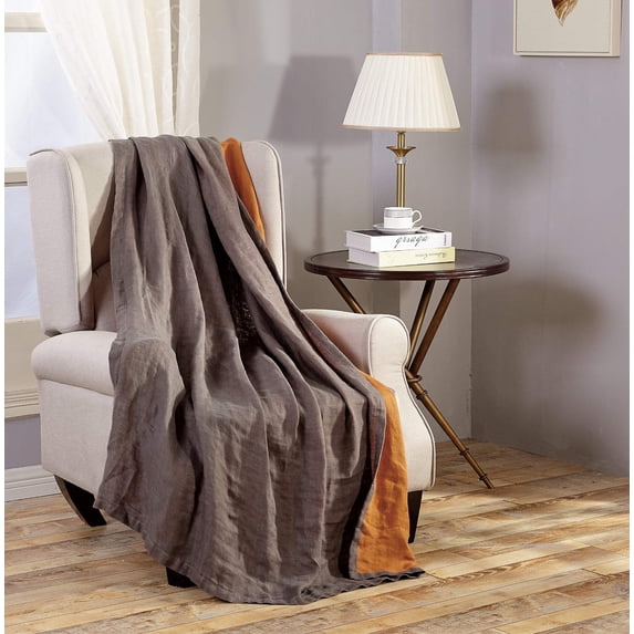 Chezmoi Collection Brussels 100% Belgian Flax Linen Throw Blanket for Couch, Bed, Super Soft Lightweight Cozy Breathable Pre-Washed Reversible Throw Blanket, Orange/Gray, 50" x 70"