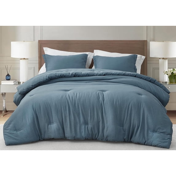 Chezmoi Collection Calvin 3-Piece Jacquard Comforter Set Full Size, Blue Textured Woven Lightweight Comforter Bedding for All Season