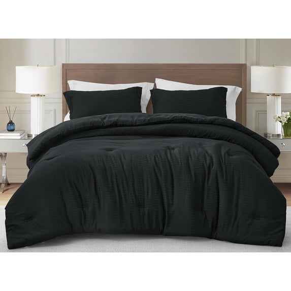 Chezmoi Collection Calvin 3-Piece Jacquard Comforter Set King Size, Black Textured Woven Lightweight Comforter Bedding for All Season