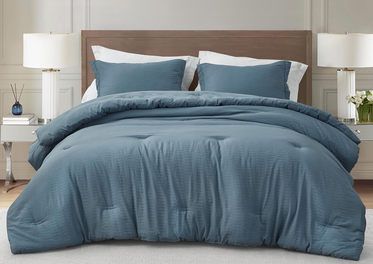 Chezmoi Collection Calvin 3-Piece Jacquard Comforter Set King Size, Blue Textured Woven Lightweight Comforter Bedding for All Season