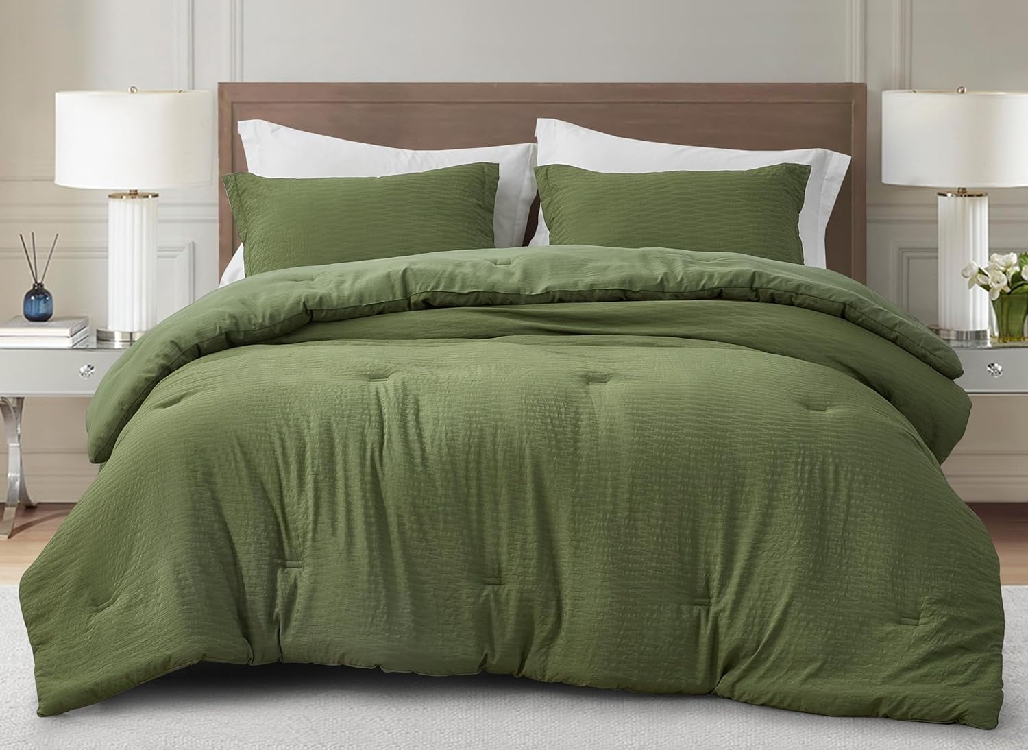 Chezmoi Collection Calvin 3-Piece Jacquard Comforter Set King Size, Olive Green Textured Woven Lightweight Comforter Bedding for All Season