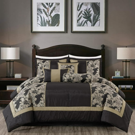 Chezmoi Collection Cameron Comforter Set Queen Size, 7-Piece Black Gold Hibiscus Floral Jacquard Bedding Set