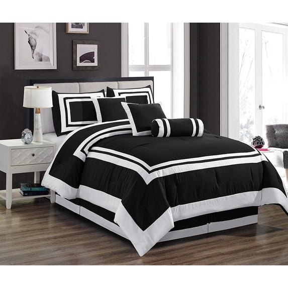 Chezmoi Collection Caprice 7-Piece Hotel Style Comforter Set California King Size, Black/White Square Pattern Color Block Bedding with Decorative Pillows, Luxurious Lightweight All Season Bed Set