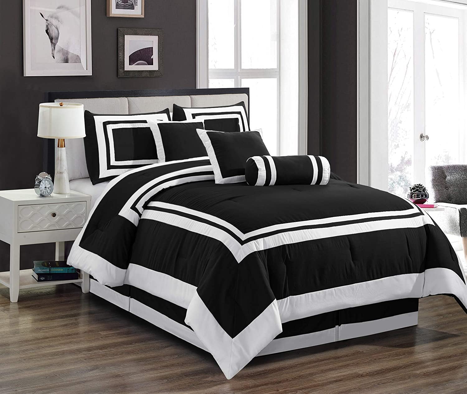 Chezmoi Collection Caprice 7-Piece Hotel Style Comforter Set King Size, Black/White Square Pattern Color Block Bedding with Decorative Pillows, Luxurious Lightweight All Season Bed Set