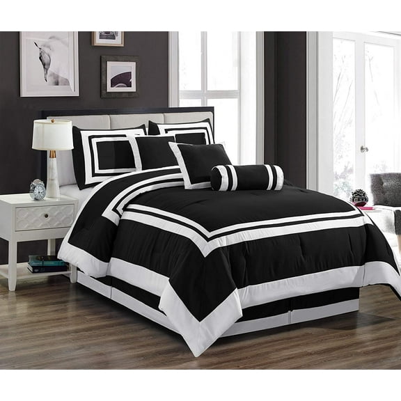 Chezmoi Collection Caprice 7-Piece Hotel Style Comforter Set Queen Size, Black/White Square Pattern Color Block Bedding with Decorative Pillows, Luxurious Lightweight All Season Bed Set
