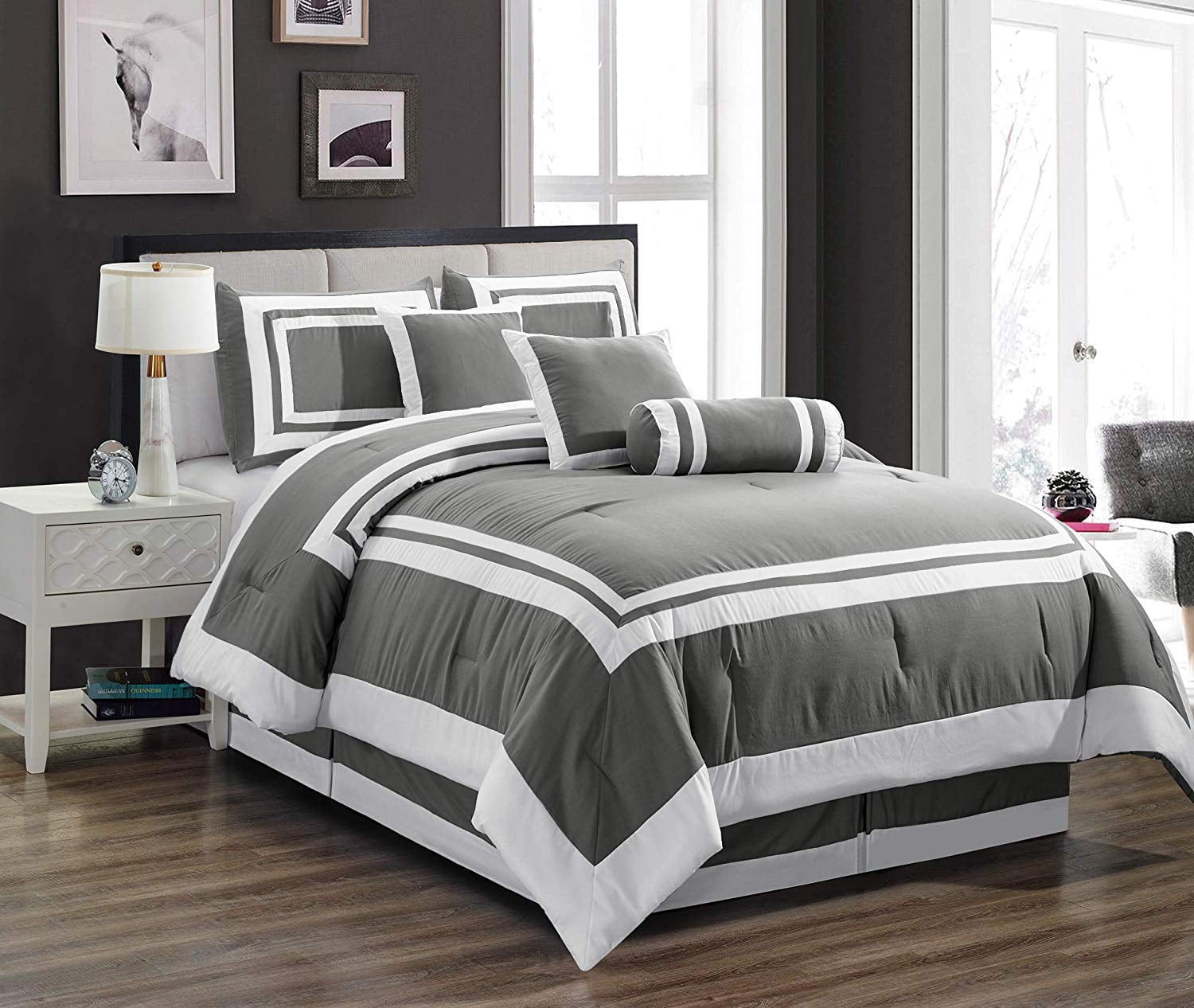 Chezmoi Collection Caprice 7Piece Gray/White Square Pattern Hotel