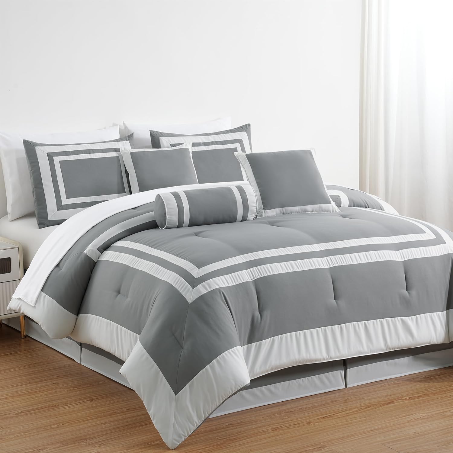 Chezmoi Collection Caprice 7-Piece Hotel Style Comforter Set California King, Gray/White Square Pattern Block Bedding with Decorative Pillows, Luxurious Lightweight All Season Bed Set