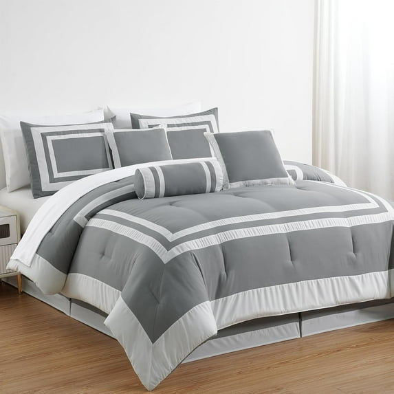 Chezmoi Collection Caprice 7-Piece Hotel Style Comforter Set California King, Gray/White Square Pattern Block Bedding with Decorative Pillows, Luxurious Lightweight All Season Bed Set