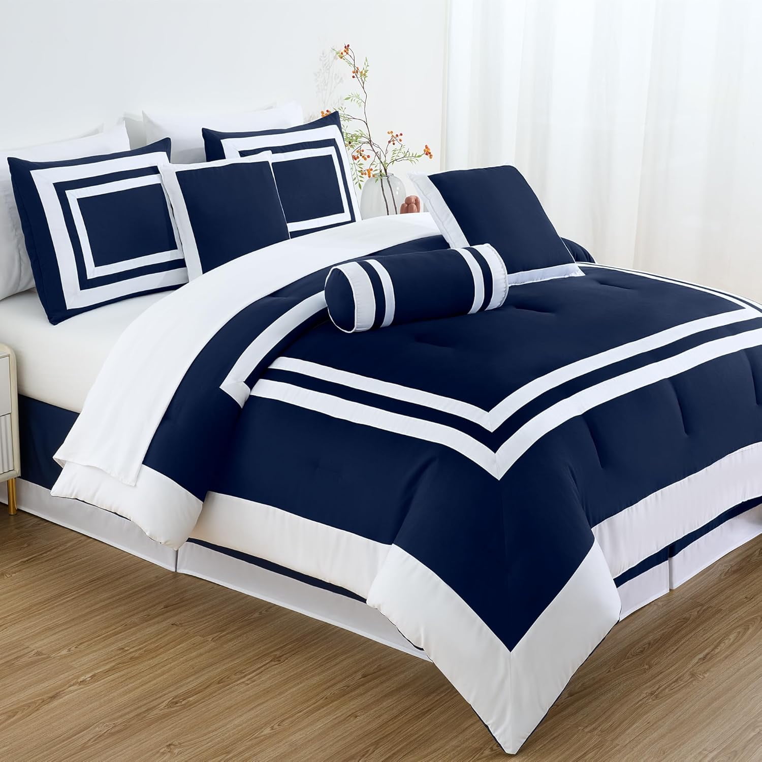 Chezmoi Collection Caprice 7-Piece Hotel Style Comforter Set King Size, Navy/White Square Pattern Color Block Bedding with Decorative Pillows, Luxurious Lightweight All Season Bed Set