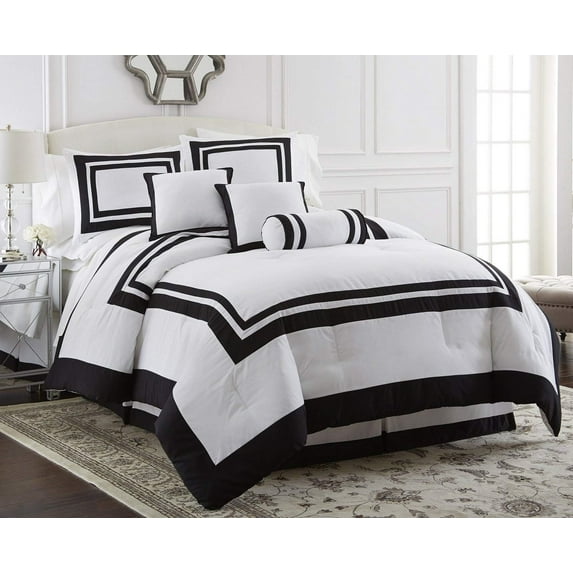 Chezmoi Collection Caprice 7-Piece Hotel Style Comforter Set Full Size, White/Black Square Pattern Color Block Bedding with Decorative Pillows, Luxurious Lightweight All Season Bed Set