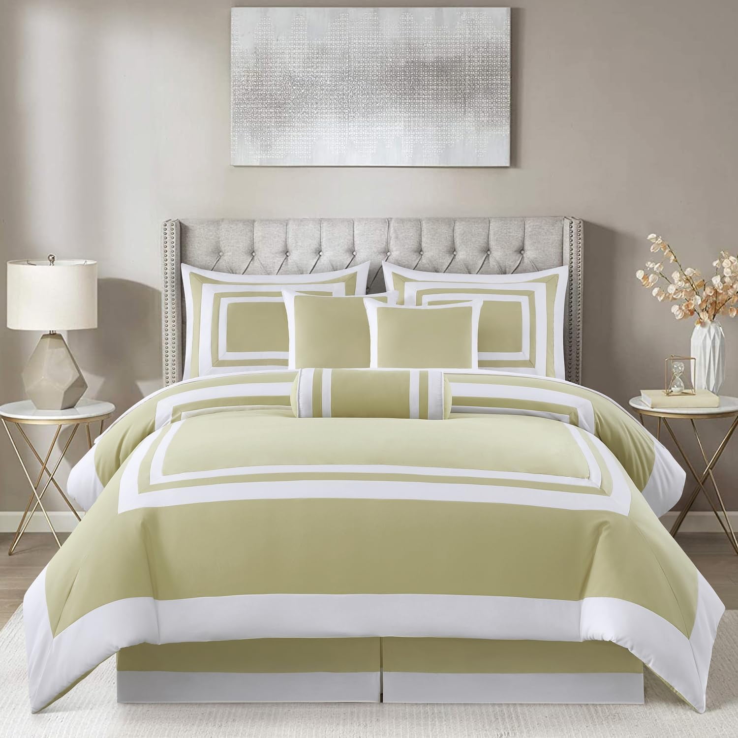 Chezmoi Collection Caprice 7Piece Tan/White Square Pattern Hotel Style
