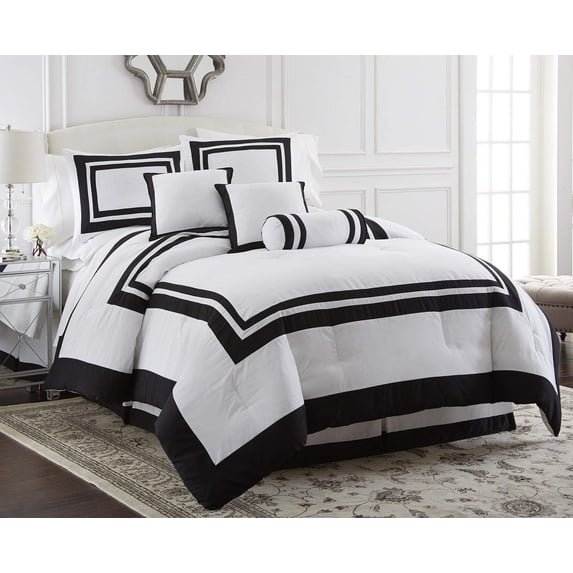 Chezmoi Collection Caprice 7-Piece Hotel Style Comforter Set Queen Size, White/Black Square Pattern Color Block Bedding with Decorative Pillows, Luxurious Lightweight All Season Bed Set