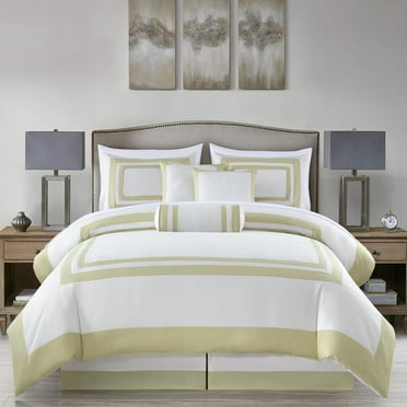 Chezmoi Collection Caprice 7-Piece Hotel Style Comforter Set, White/Tan Square Pattern Modern Color Block Bedding with Decorative Pillows, Luxurious Lightweight All Season Bed Set, Full
