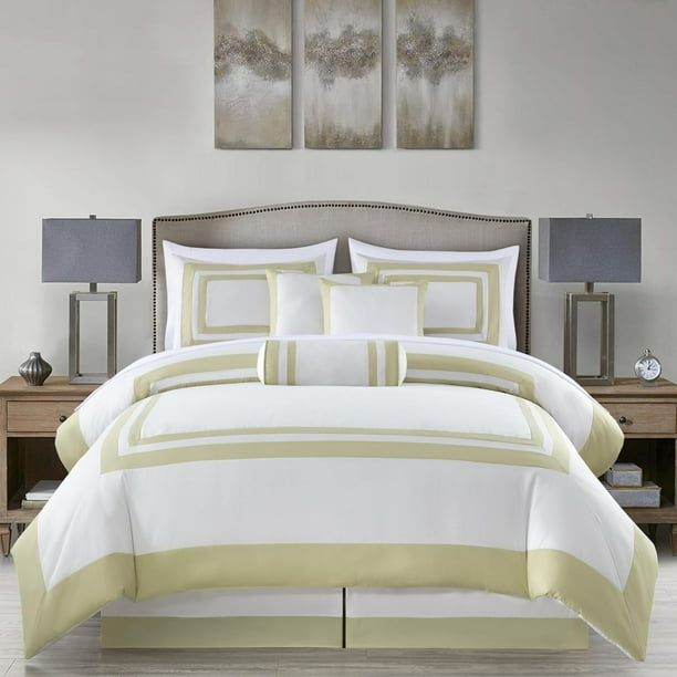 Chezmoi Collection Caprice 7Piece White/Tan Square Pattern Hotel Style