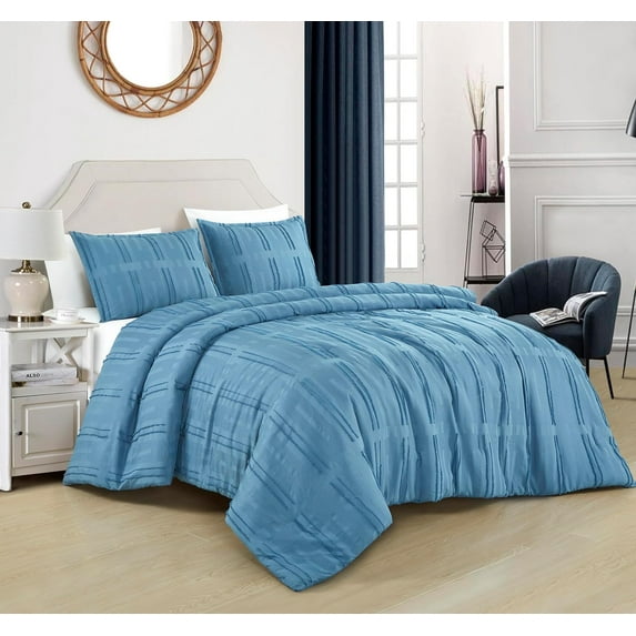 Chezmoi Collection Carter Blue Clip Jacquard Geometric Comforter Set, Full, 3-Piece Striped Pattern Waffle Textured Lightweight Bedding