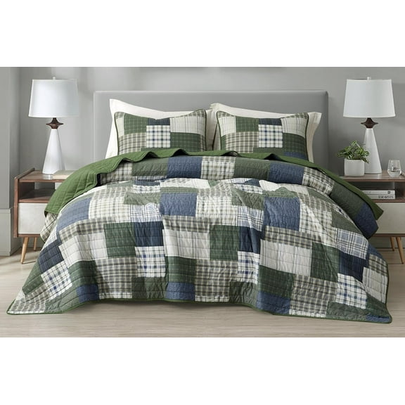Chezmoi Collection Cedar 2-Piece Printed Patchwork Quilt Set, Green Navy Plaid Coverlet, Pre-Washed Microfiber Lightweight Bedspread for All Seasons, Twin Size