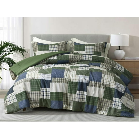 Chezmoi Collection Cedar 3-Piece Printed Patchwork Comforter Set, Green Navy Plaid Striped, Pre-Washed Microfiber Lightweight Reversible Bedding for All Seasons, King Size