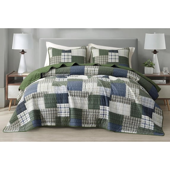 Chezmoi Collection Cedar 3-Piece Printed Patchwork Quilt Set, Green Navy Plaid Coverlet, Pre-Washed Microfiber Lightweight Bedspread for All Seasons, King Size