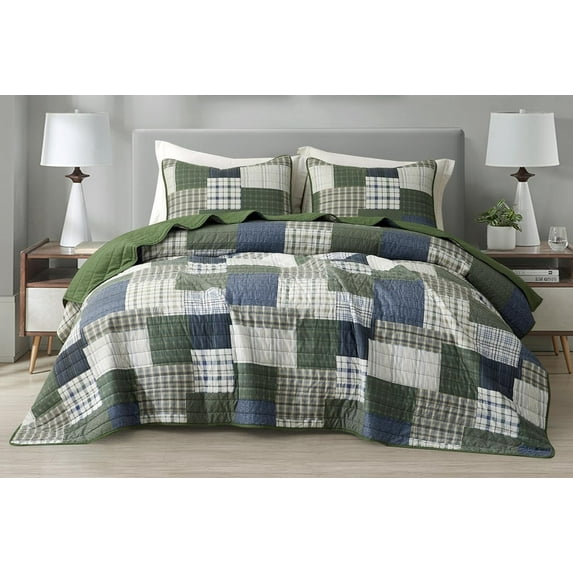 Chezmoi Collection Cedar 3-Piece Printed Patchwork Quilt Set, Green Navy Plaid Coverlet, Pre-Washed Microfiber Lightweight Bedspread for All Seasons, Queen Size