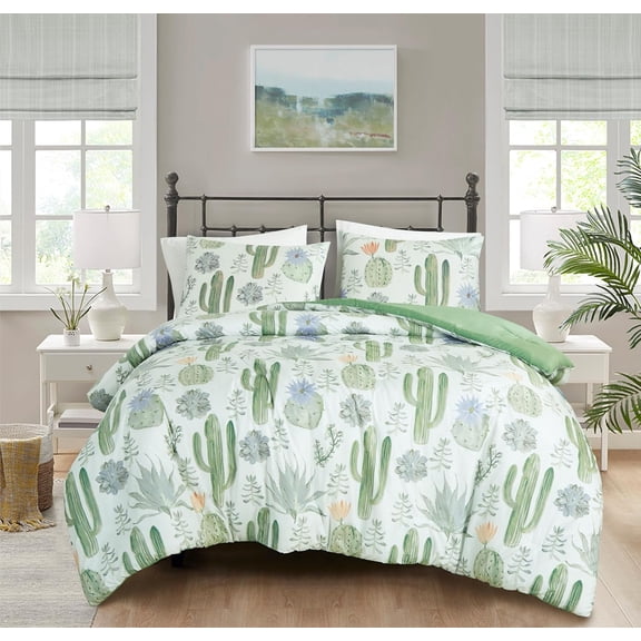 Chezmoi Collection Cereus 3-Piece Southwestern Serene Desert Comforter Set, Green Blue Cactus Succulent Plant Printed Washed Microfiber Bedding, King
