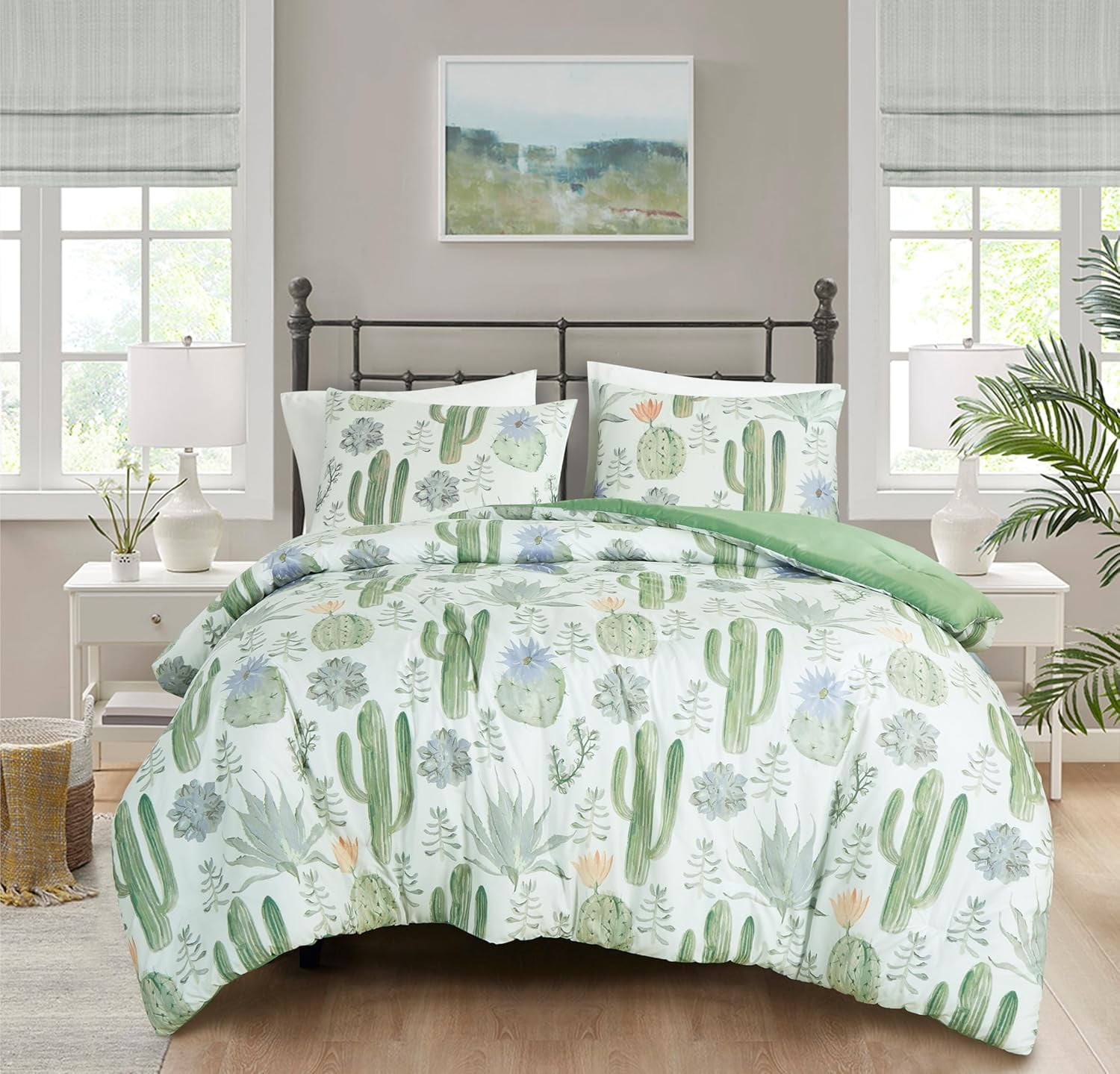 Chezmoi Collection Cereus 3-Piece Southwestern Serene Desert Comforter Set, Green Blue Cactus Succulent Plant Printed Washed Microfiber Bedding, Queen