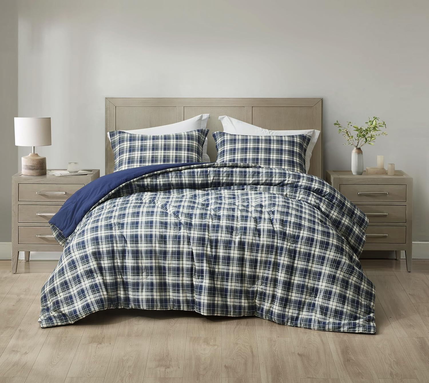Chezmoi Collection Chad 2-Piece Washed Cotton Comforter Set Twin Size, Blue Green Light Beige Plaid Printed Bedding Set Reversible Lightweight Comforter for All Season