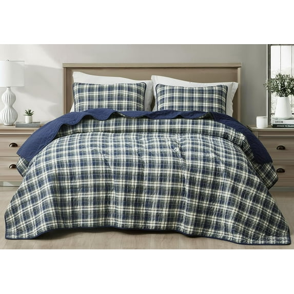 Chezmoi Collection Chad 3-Piece Printed Plaid Cotton Quilt Set King Size, Blue Green Light Beige Plaid, Stone Washed Cotton Breathable Lightweight Bedspread Set