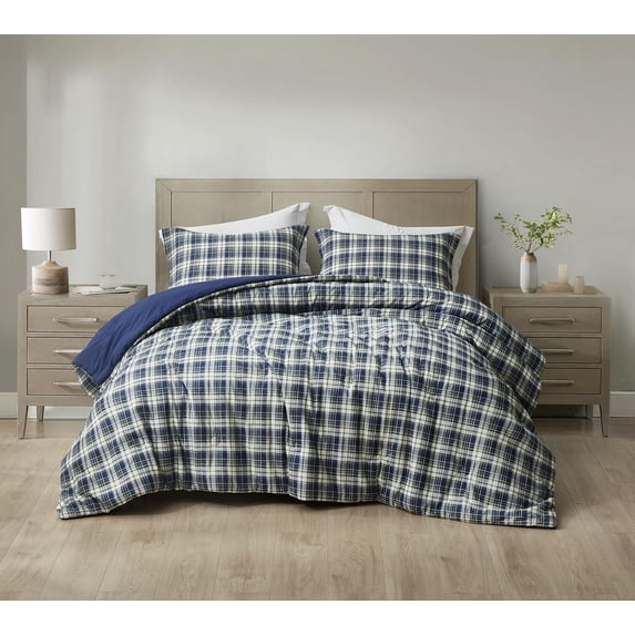 Chezmoi Collection Chad 3-Piece Washed Cotton Comforter Set Full Size, Blue Green Light Beige Plaid Printed Bedding Set Reversible Lightweight Comforter for All Season