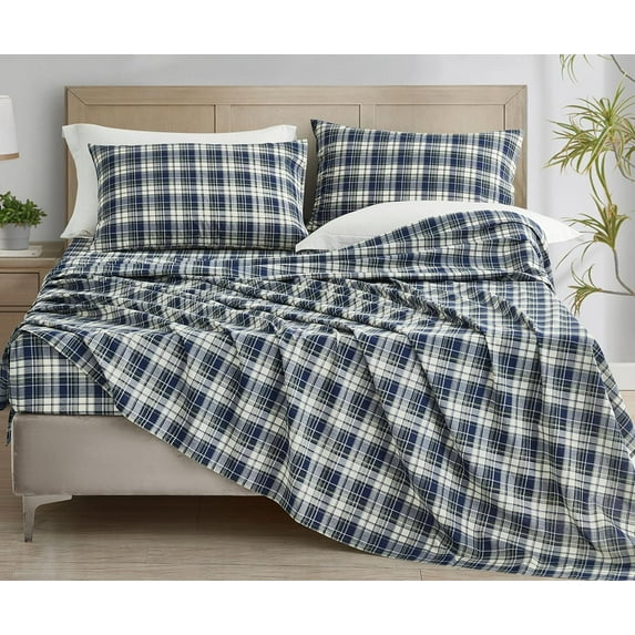 Chezmoi Collection Chad 4-Piece Plaid Cotton Sheet Set California King, Blue Green Light Beige Plaid Printed 100% Cotton Bed Sheets
