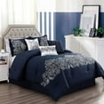 thumbnail image 1 of Chezmoi Collection 7-Piece Navy Paisley Floral Embroidery Comforter Set, Queen, 1 of 8