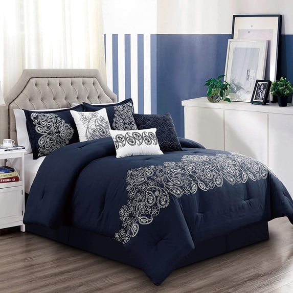 Chezmoi Collection 7-Piece Navy Paisley Floral Embroidery Comforter Set, Queen