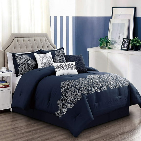 Chezmoi Collection 7-Piece Navy Paisley Floral Embroidery Comforter Set, Queen