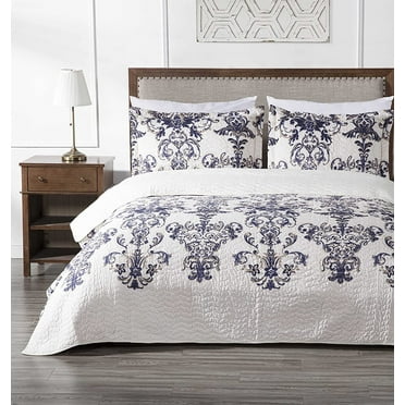 Chezmoi Collection Chloris 3-Piece Pre-Washed Medallion Quilt Set, Printed Floral Microfiber Navy Blue Taupe Light Ivory Bedspread, King