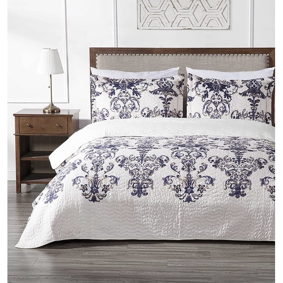 Chezmoi Collection Chloris 3-Piece Pre-Washed Medallion Quilt Set, Printed Floral Microfiber Navy Blue Taupe Light Ivory Bedspread, King