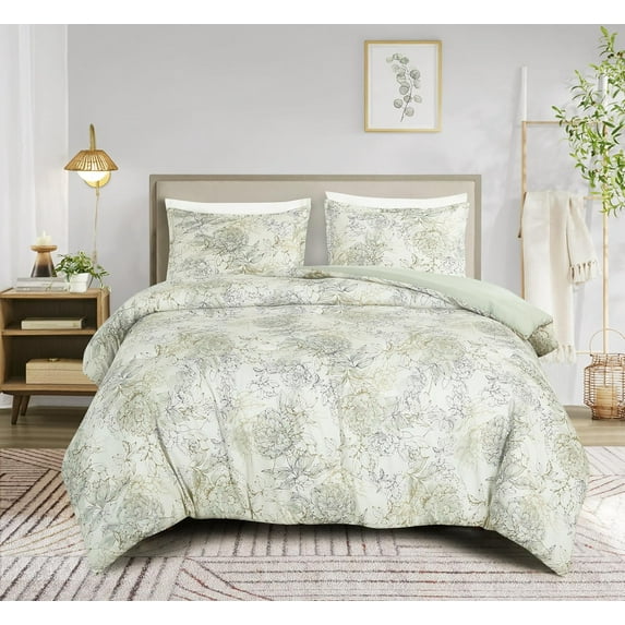 Chezmoi Collection Clematis 3-Piece Tranquil Floral Comforter Set Full, Soft Green Gray Floral Printed Microfiber Lightweight Bedding Set for All season