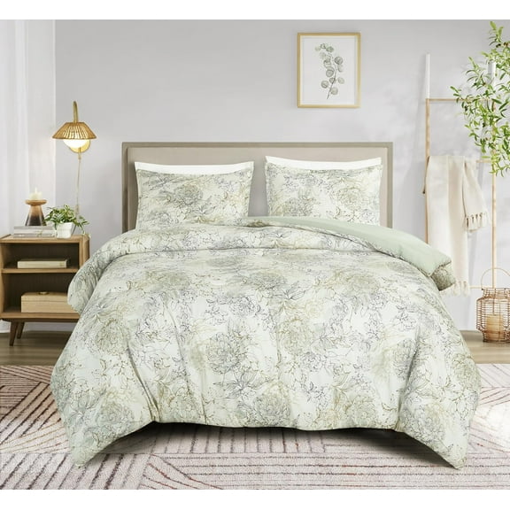 Chezmoi Collection Clematis 3-Piece Tranquil Floral Comforter Set Queen, Soft Green Gray Floral Printed Microfiber Lightweight Bedding Set for All season