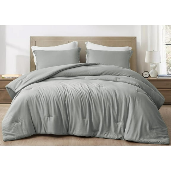 Chezmoi Collection Cliff 3-Piece Lightweight Cooling Comforter Set, Oversized King, Rayon Derived from Bamboo & Polyester Blended, Soft Breathable Bedding for Hot Sleepers, Light Gray