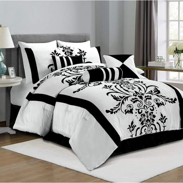 Chezmoi Collection Contemporary 7-Piece Luxury Flocked Floral Fabric Comforter Set, California King, White