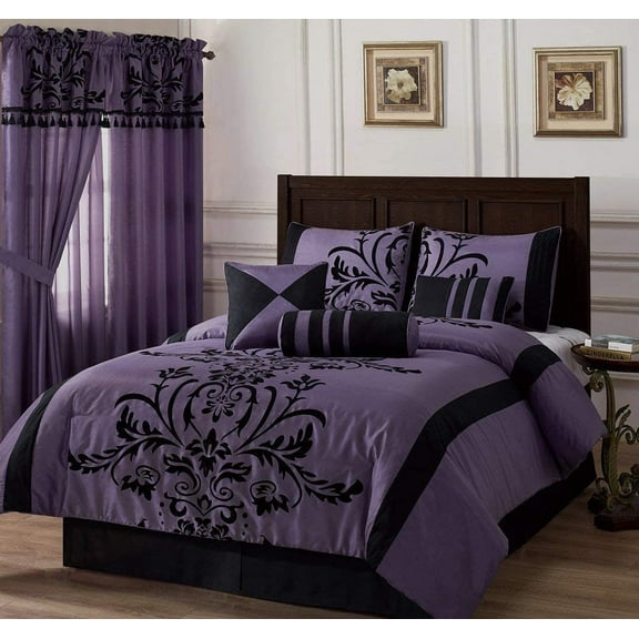 Chezmoi Collection Contemporary 7-Piece Luxury Flocked Floral Fabric Comforter Set, King, Violet