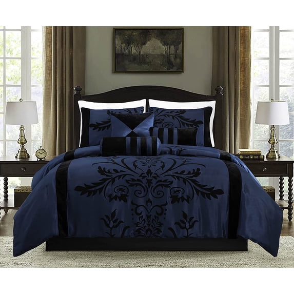 Chezmoi Collection Contemporary 7-Piece Luxury Flocked Floral Fabric Comforter Set, Queen, Navy