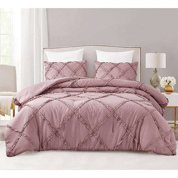 Chezmoi Collection Contemporary Ruffle Diamond 3 Piece Comforter Set, Queen, Woodrose