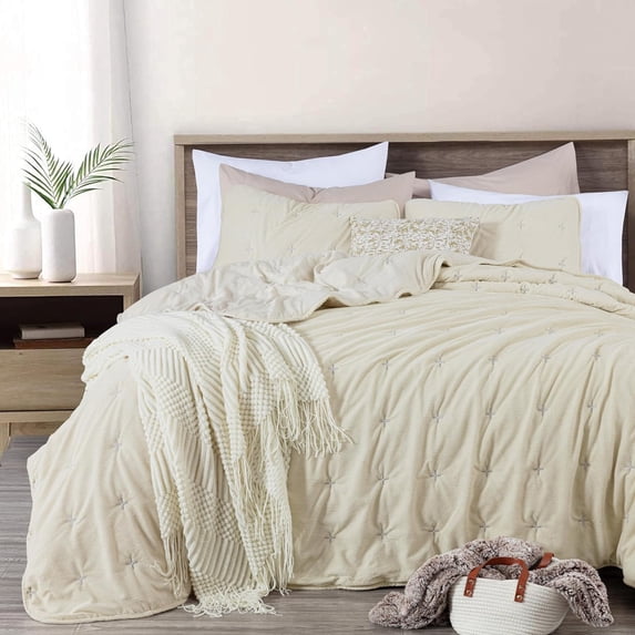 Chezmoi Collection Corduroy King Comforter Set Beige, 3-Piece Luxury Cross Stitch Soft Plush Warm Polyester Corduory Bedding, 1 Comforter 106 in x 92 in and 2 Pillow Shams 20 in x 36 in